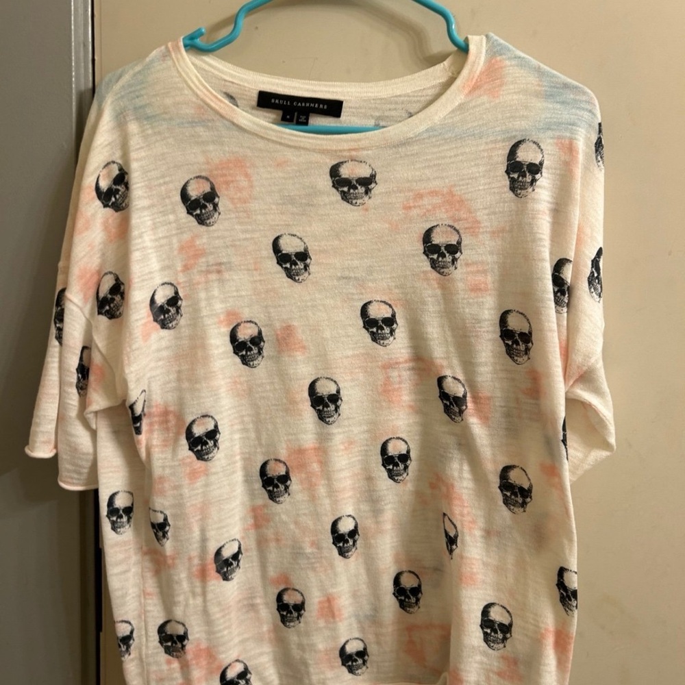Skull Cashmere Cream Top with Black and Pink Accents